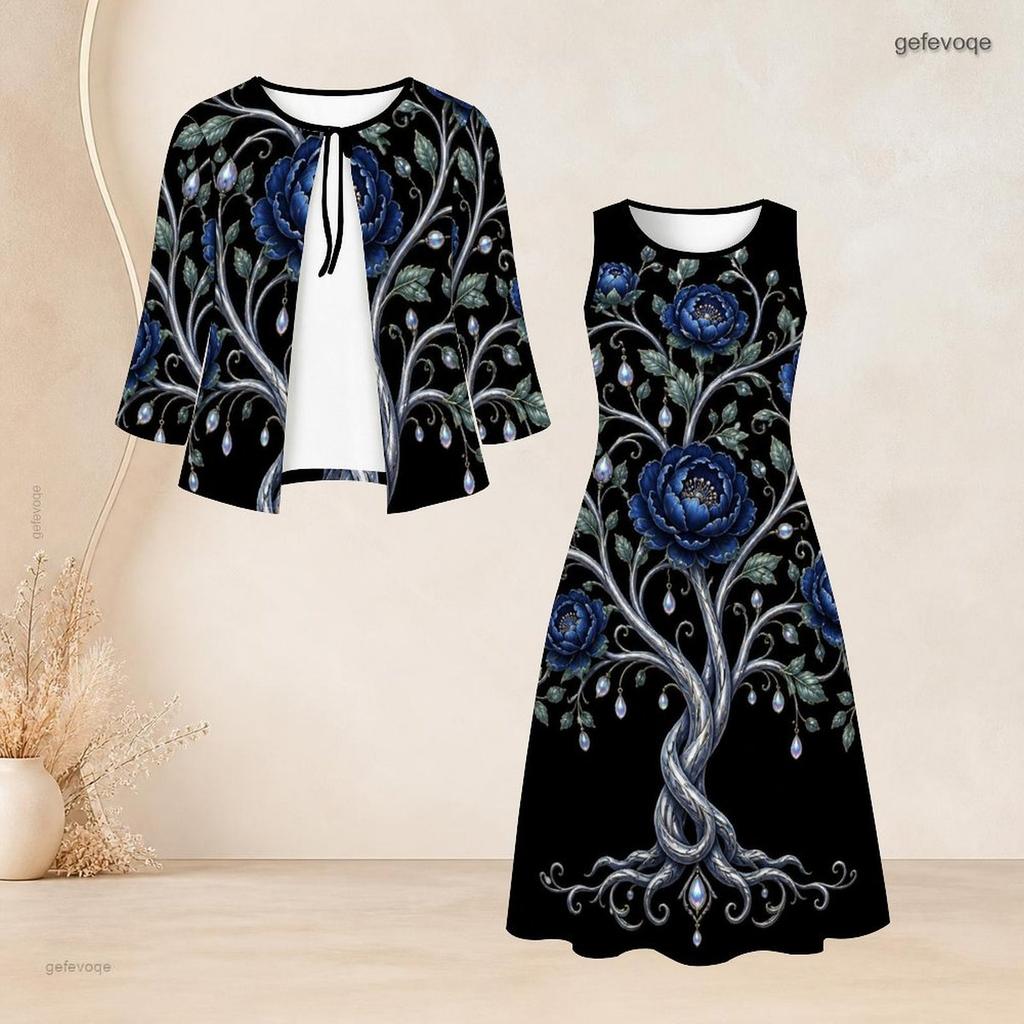 Women Plus Size Tie Neck Black Printed Two Piece Set Three Quarter Sleeve Cardigan Sleeveless Long Dress