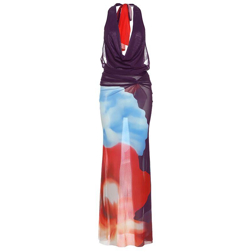 

# Sisjuly# the Taste of the Island Charming Dark Night Purplish Red Pattern Halter Spaghetti Straps Long Dress Elegant Suit Female Fashion Blue S