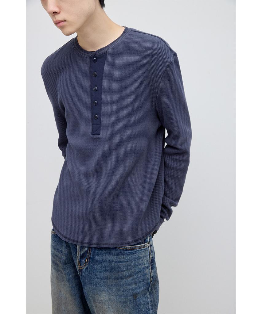 HATCHINGROOM Thermal Henley Tee Blue Charcoal