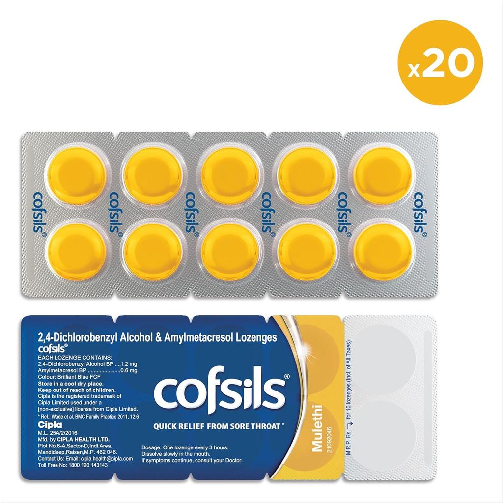 Cipla Cofsils Lozenges Mulethi Flavour 200 Lozenges 10 x 20 Strips Quick Soothing Relief for Throat