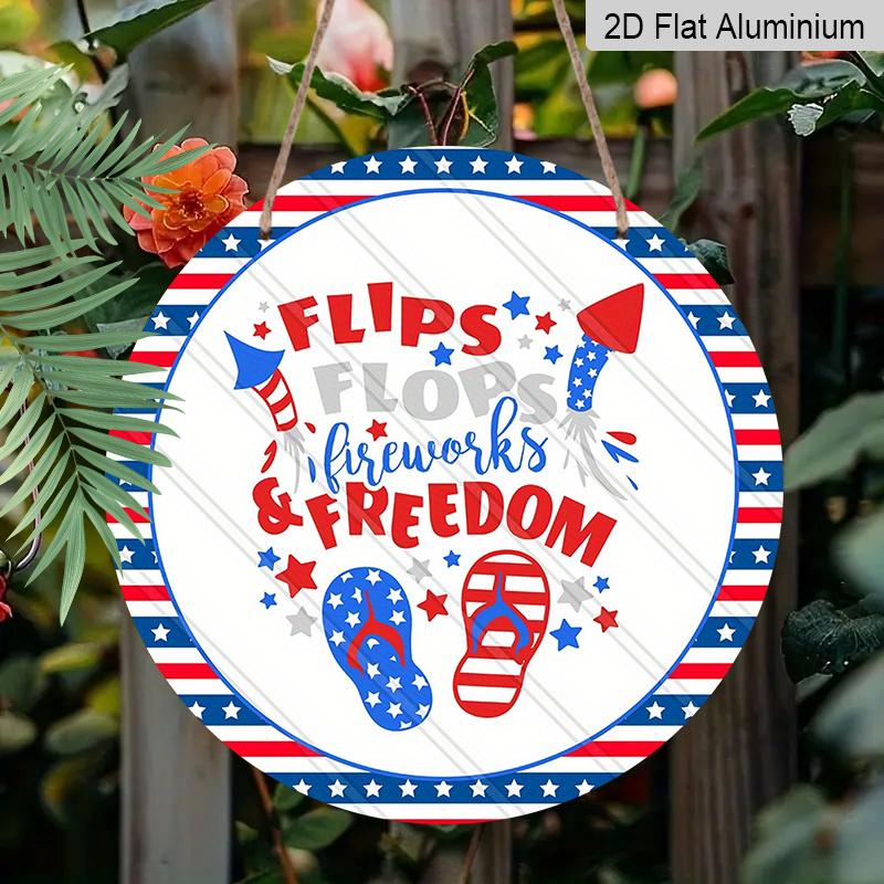 2D Flat, 1pc Patriotic 4th of July Metal Decorative Plaque, Red White Blue Flip Flops Fireworks USA Flag Design, Durable Indoor Outdoor Sign, Perfect