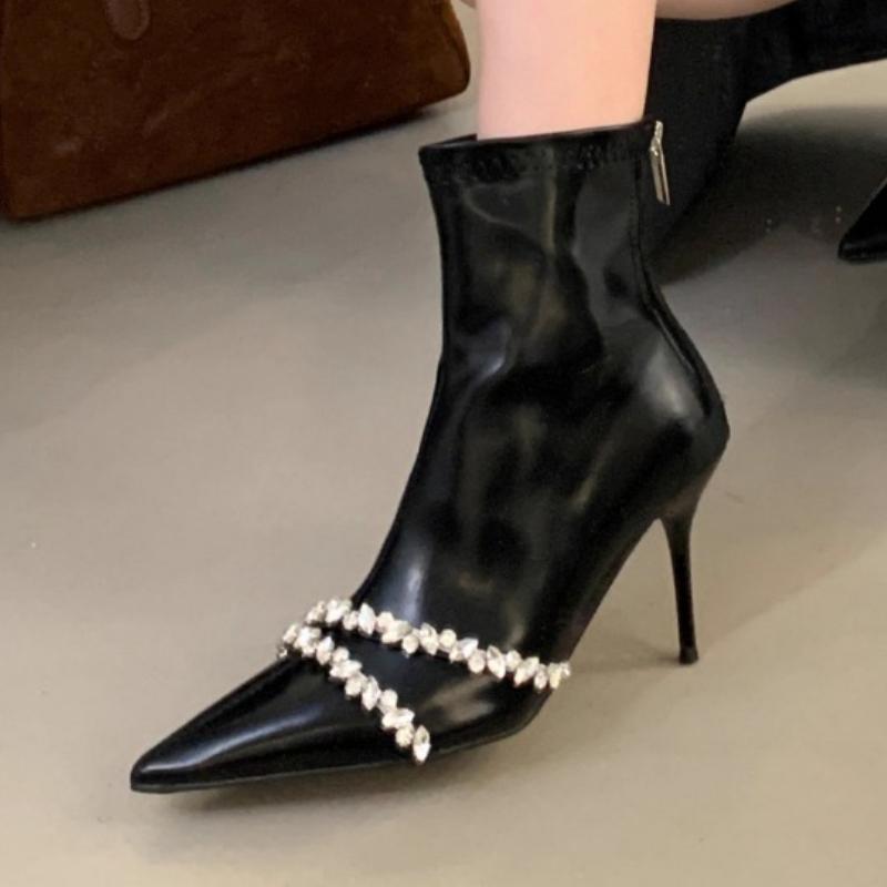 Fashion Luxury Crystal Women High Heels Ankle Boots Sexy Pointed Toe Heeled Shoes 2025 Trend New Fashion Designer Winter Boots Pumps