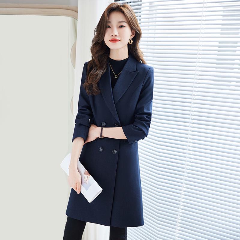 Damen Schwarzer Zweireihiger Slim-Fit Blazer - Mittellanger Lässiger Trenchcoat für Herbst/Winter 2025.