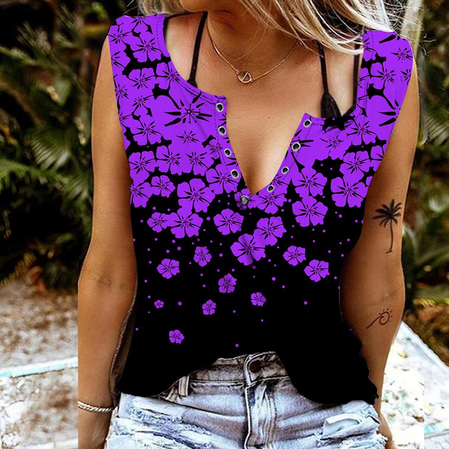 Women Tanks Sexy V Neck Sleeveless Summer Tops Vest 3D Scattered Flowers Print Cool Lightweight Tops