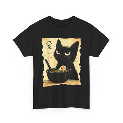 Men Black Cat Ramen Graphic T Shirt Japanese Kanji Retro Vintage Anime Style Streetwear Casual Cotton Tee