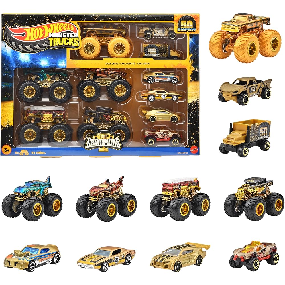 

Набор Hot Wheels Monster Truck Bigfoot Чемпион Трофейной Коллекции, Игрушечные Машинки, 5 Монстр-Траков и 6 Мини-Машинок, Всего 11 Машинок, Для Детей от 3 Лет, Гол