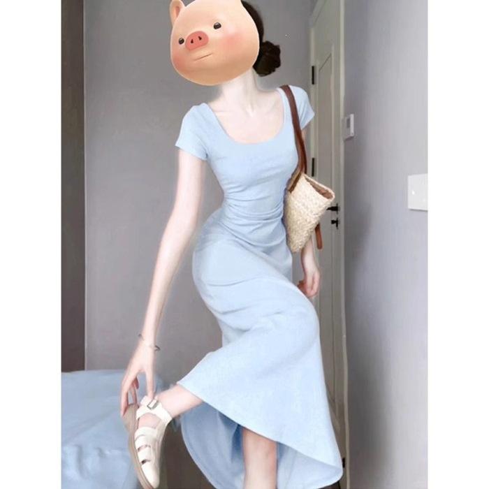 Casual Simple Style Solid Color U-neck Dress Women's Slightly Fat Long Dress Little Mother Waist Hip Skirt Summer Wholesale