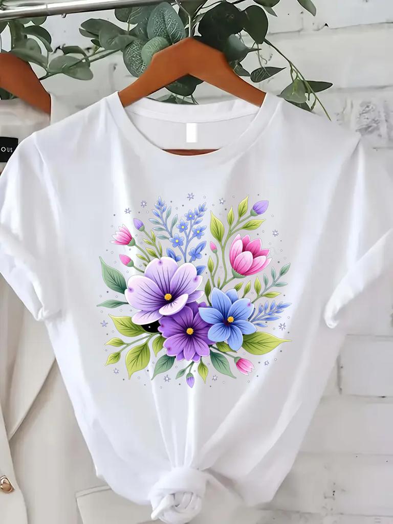 Women's Flower Print T-shirt Comfortable Summer Vibrant Purple and Blue Flowers Short Sleeve Crew Neck Fashion Casual Top Daily