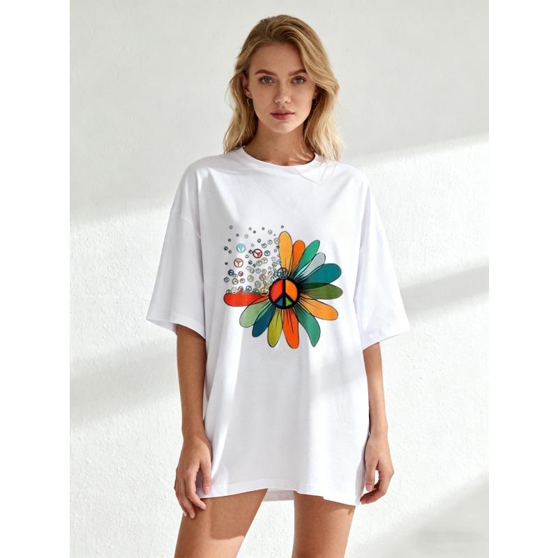 Oversized T Shirt Black Colorful Flower Peace Sign Print Casual Wear For Women Summer Streetwear Fashion Top