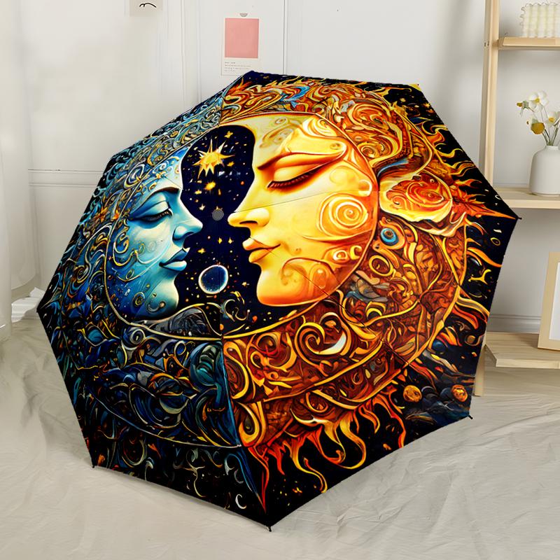 Sonne und Mond Wahrsagerei Automatischer Regenschirm, Kompaktes Design mit 8 Speichen, Faltbar und Tragbar, Outdoor-Freizeit und Täglicher Gebrauch-ideales Geschenk