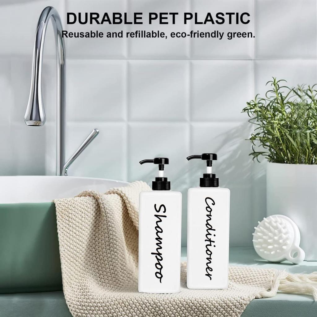 Shampoo and Conditioner Dispenser (Set of 3, 21oz) Modern Refillable Shampoo Pump Bottles for Shower Soap - Empty Body Wash Dispenser Set for