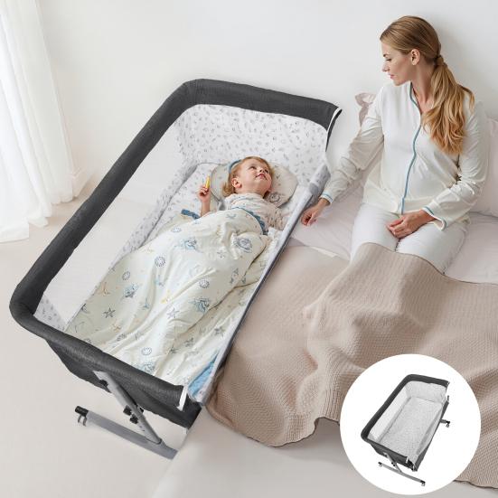 Culla da comodino multifunzione 3 in 1 con cesto portaoggetti, Culla per neonati regolabile in altezza su 6 livelli con zanzariera, Convertibile portatile per neonati
