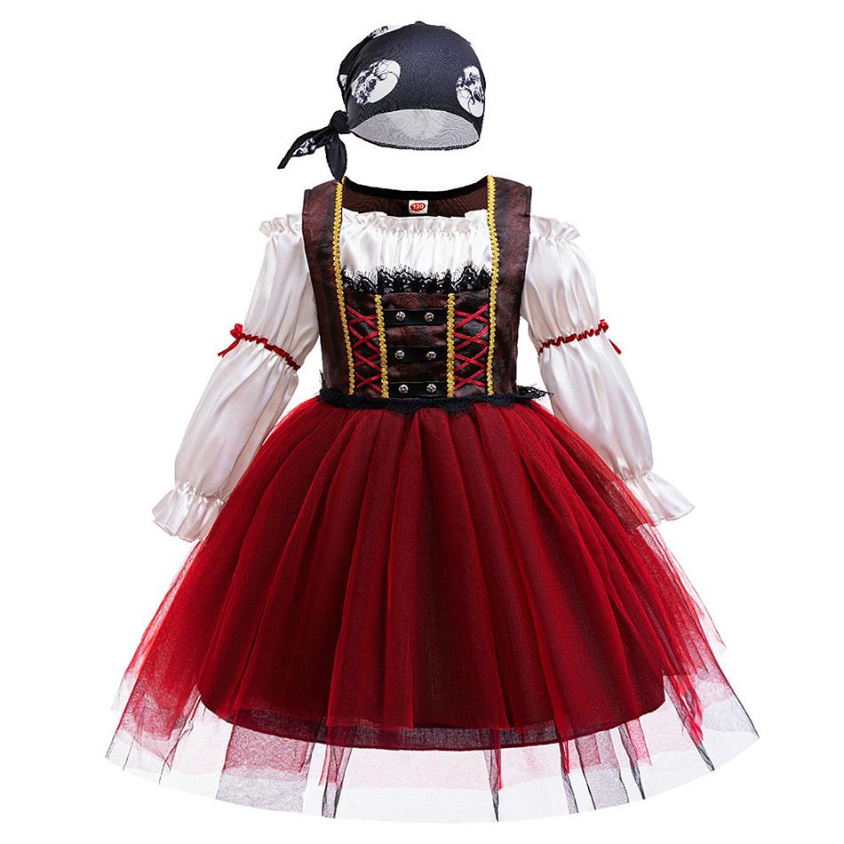 Девочки Хэллоуин Косплей Пират Капитан Принцесса Платье Детский Карнавал Вечеринка Одежда Дети Сценическое Выступление Длинные Рукава Костюм 100