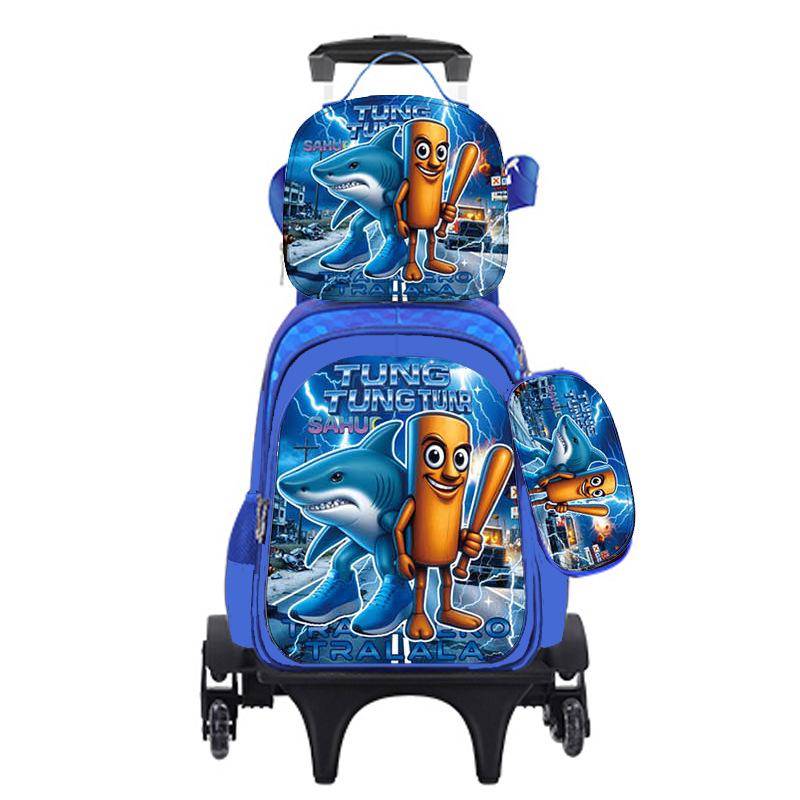 Cute Cartoon Double-Shoulder Backpack with Two-Wheel and Six-Wheel Options, 3-Piece Set for Primary School Students