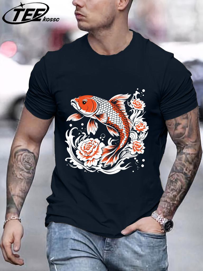 Japanese Harajuku Creative Lotus Koi Pattern TShirt Mens Summer Soft T Shirts Cotton Retro Sportswear Unisex Hip Hop Clothes