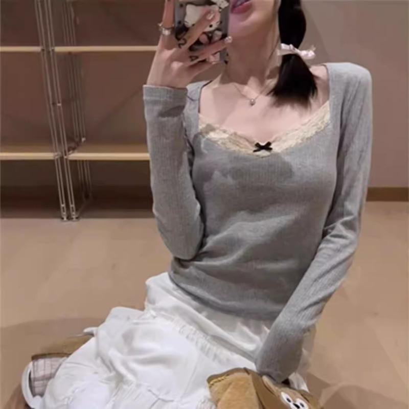 Bow lace splicing bottoming shirt women's spring collar pure desire long-sleeved shirt age-reducing top