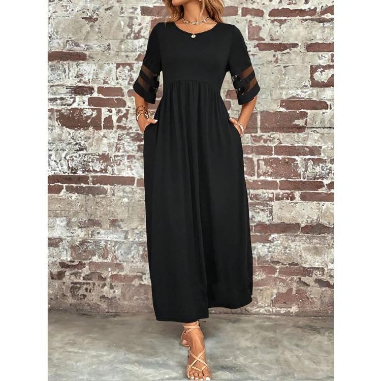 Women Slimming Mesh Panel Long Dress Elegant Stretchy Fabric Crew Neck Solid Color All Season Wear