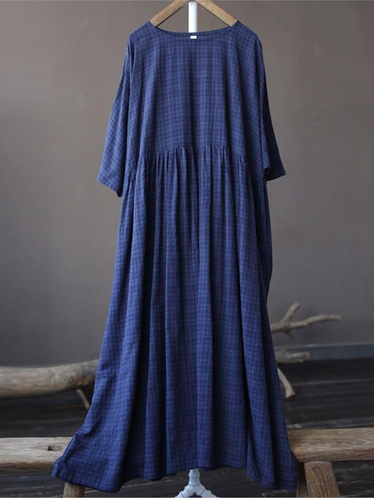 

Vintage Patchwork Chinese Style Dresses for Women Plaid Bat Sleeve Loose Spring Robe One Size синий