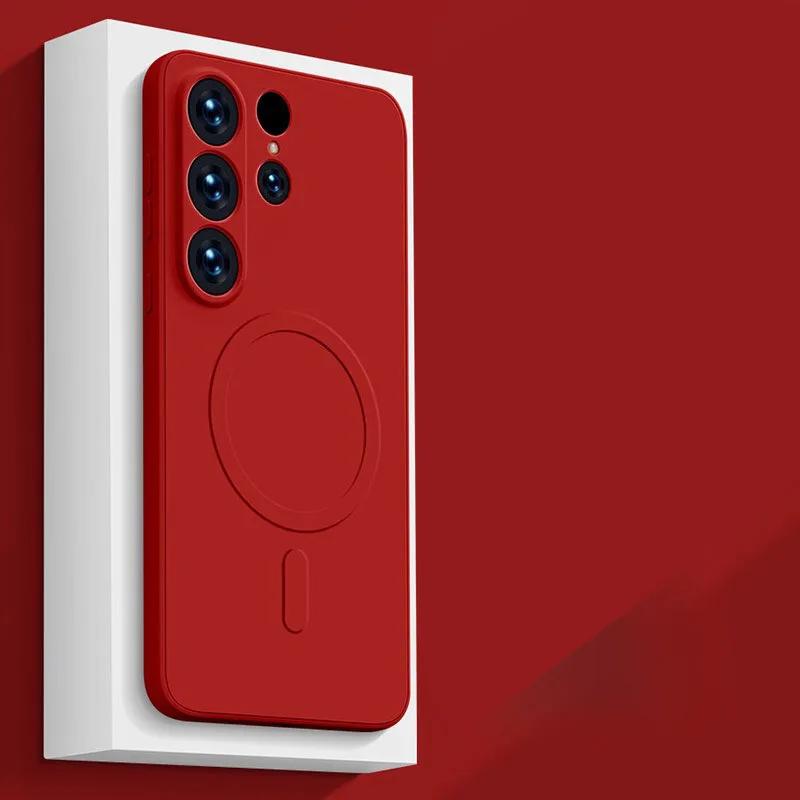 

Жидкий силикон для магнитного чехла Magsafe для Samsung Galaxy S24 S25 Ultra S23 Plus S22 S21FE Funda Wireless Charge Soft Cover For S21 красный