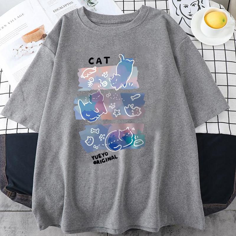 Fun Mischievous Cat Print Japanese Style T-Shirts Men Women Fashion Tshirs Breathable Summer T-Shirts Cotton Loose Tee Clothes