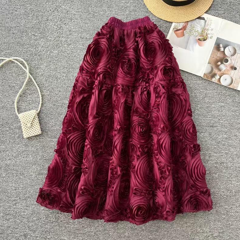 European Retro Embroidered Floral Mesh Skirt - Elegant Umbrella Style for Spring and Autumn