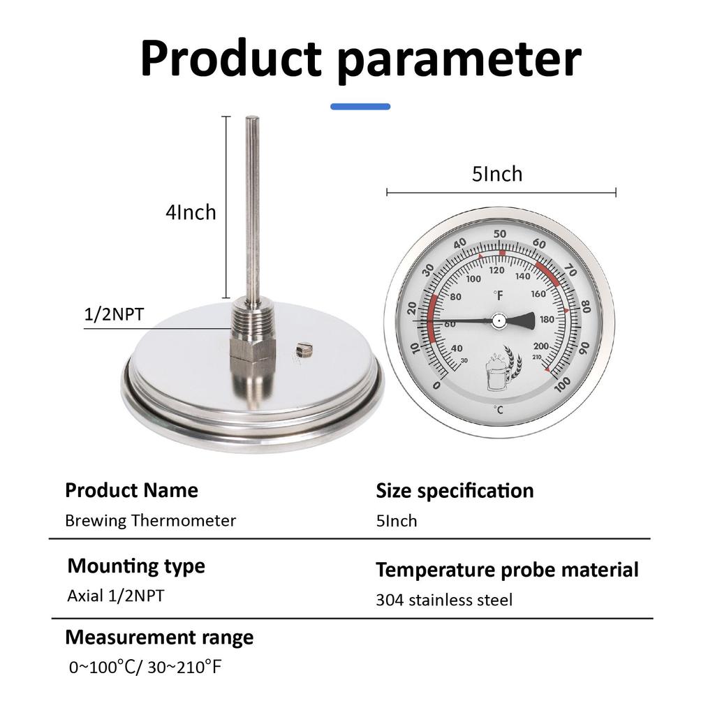 Stainless Steel Dial Bimetal Probe Thermometer Household Boiler Brewing Distilled Water Alcohol Thermometer Accessories