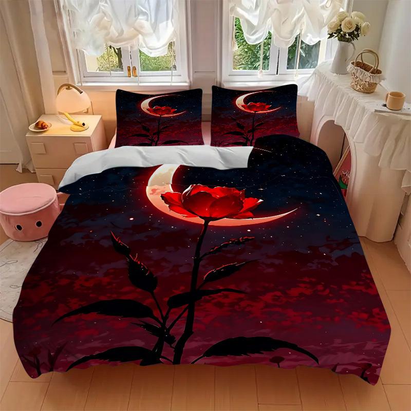 3pc Moon Rose Cover Set - 1 Quilt Cover + 2 Pillowcases, All Seasons Bedroom Setting, Perfect for Home006