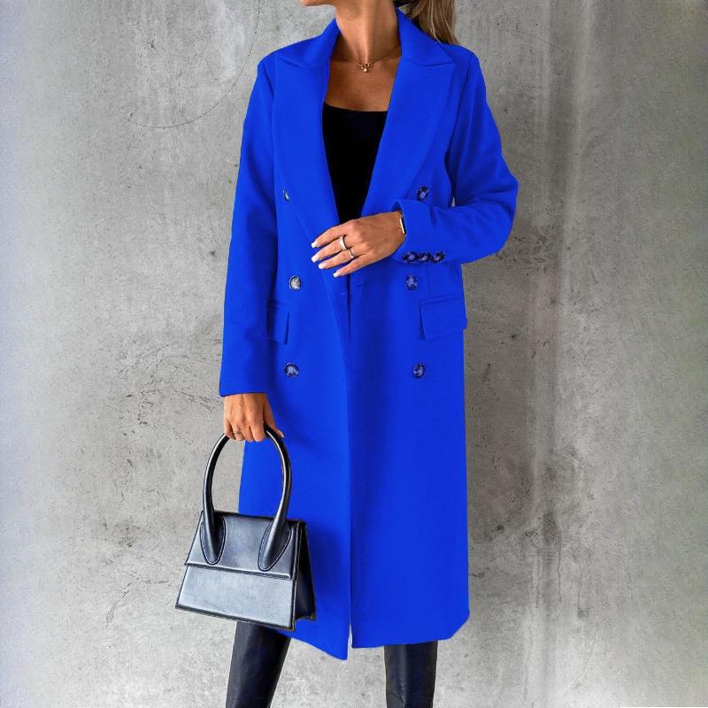 QICED Women's Coat Versatile Tweed Coat Solid Colour Long Sleeve Double Breasted Plug Pockets