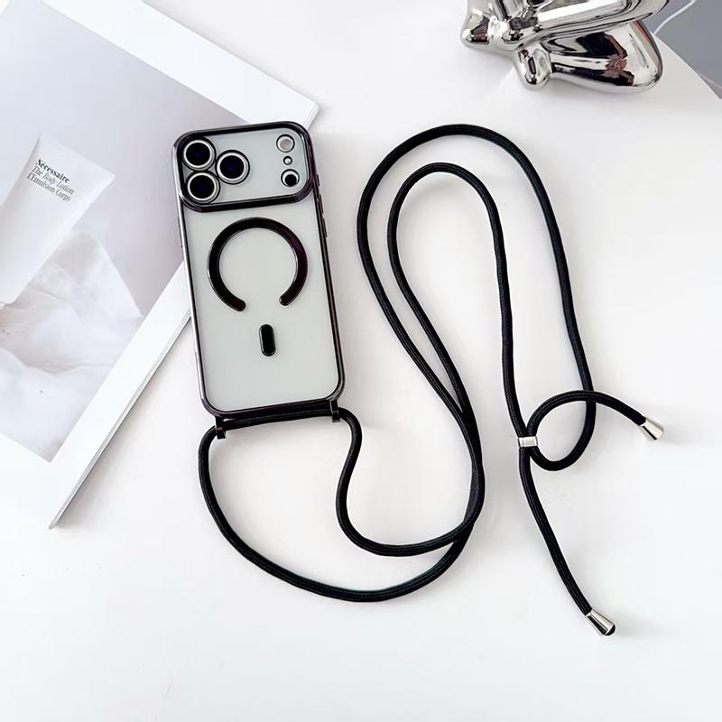 

New Plating Soft TPU Lanyard For Magsafe Magnetic Wireless Charging Transparent Phone Case For iPhone 17 Pro Max Air Back Cover iPhone17 Pro чорний