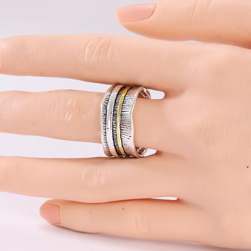 Ethnic Hand Carved Wide Women's Ring Two Color Metal Geometry Daily Wear Party Jewelry Anniversary Gift