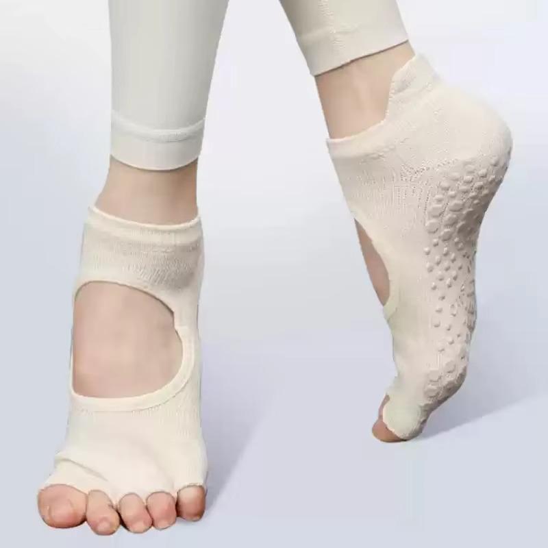 Silicone Non-slip Yoga Socks Women Backless Breathable Toeless Floor Pilates Socks Five-finger Indoor Workout Dance Sports Socks