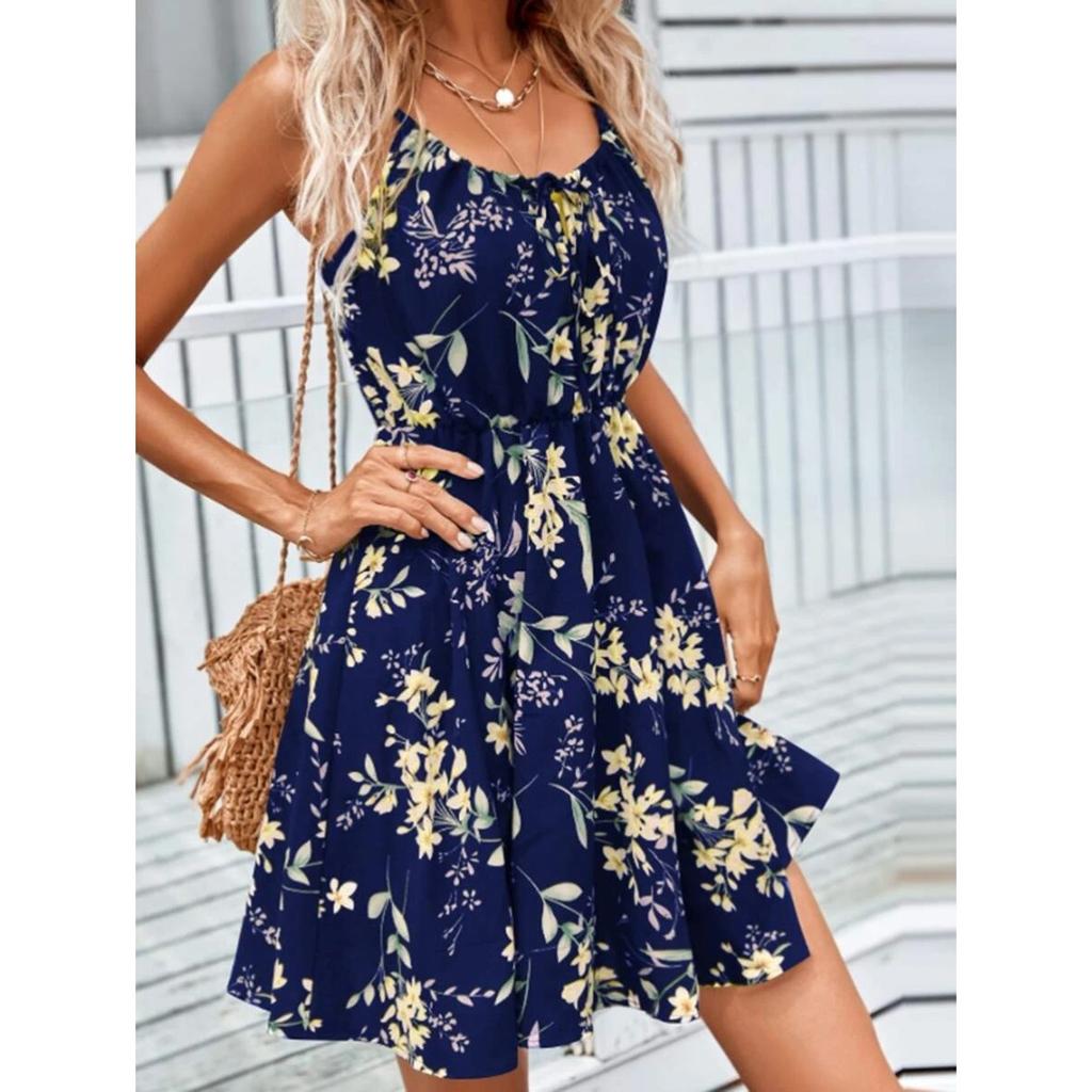 Summer New Style, Elegant, Sleeveless, Dress, Pullover, Printed, Elastic Waist, Camisole Short Skirt, Women's