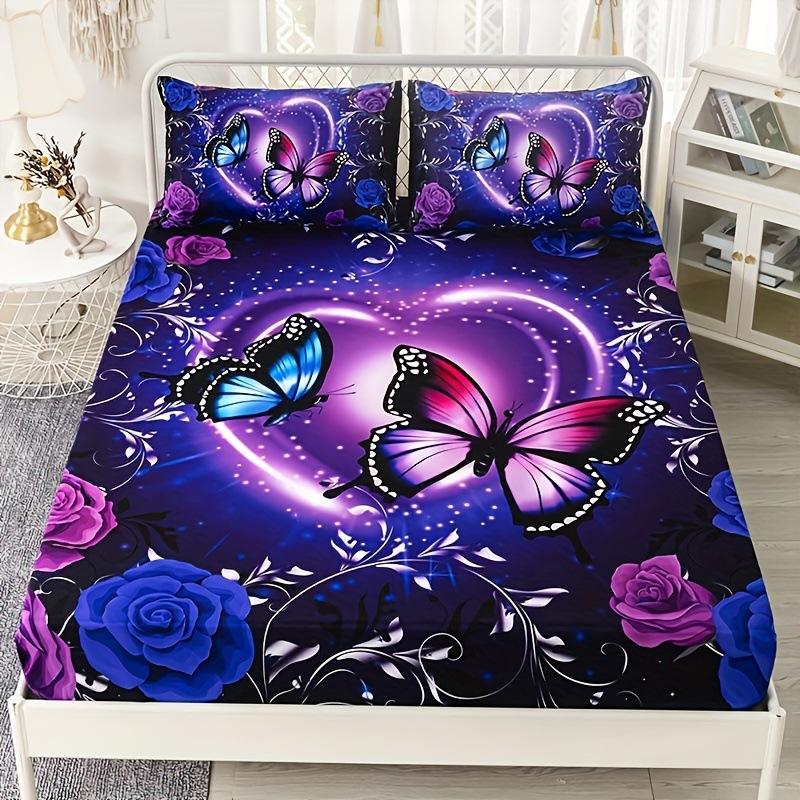 Purple Butterfly Floral Pattern Bed Hat Three-Piece Digital Printing Bedroom Room School Dormitory Bedding