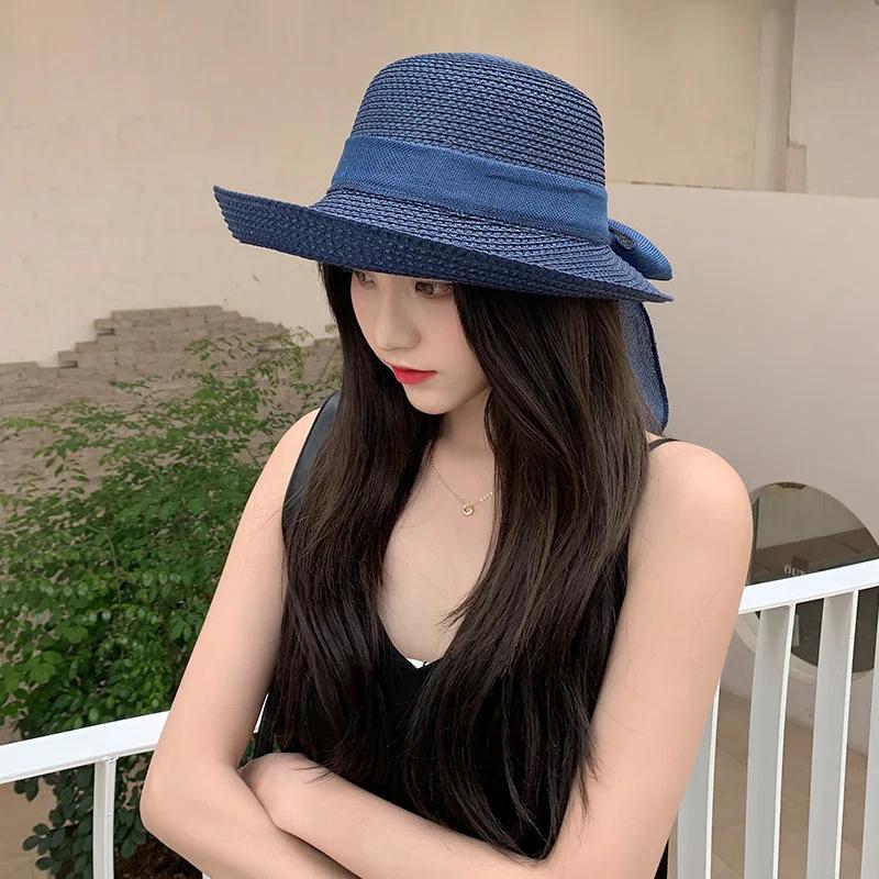 

2025 Summer Wide Brim Straw Hat UV 50+ UPF Foldable Beach Sun Hat for Women Outdoor Travel Adjustable Bohemian Elegant Fashion 55-58cm темно-синий