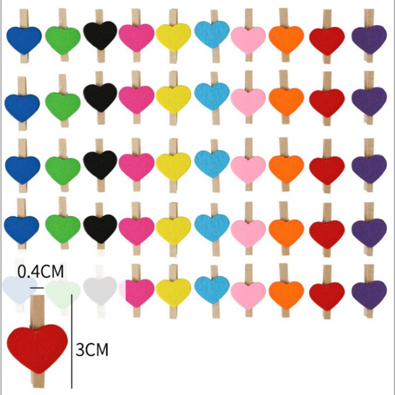 50Pcs Wooden Colored Love Heart Photo Clip Memo Paper Diy Photo Clips Wedding Decoration Postcard Clips Clothespin Home Decor