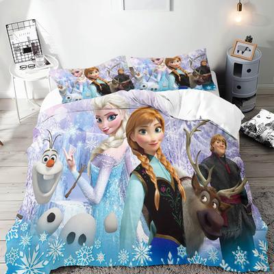 Eiskönigin Elsa und Anna Anime Bettwäsche-Set Comforte Bedrucktes Cartoon-Design Einzelbettgröße Bettwäsche-Sets Weihnachtsgeschenke 3-teilig