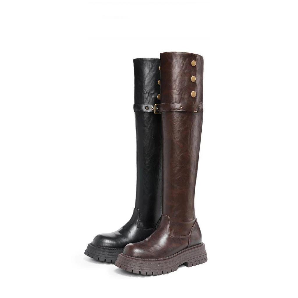 Damen Retro Overknee-Stiefel mit dicker Sohle - Vielseitige Herbst/Winter-Mode Ritter Martin Stiefel