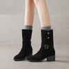 Krazing Pot Cow Suede Nubuck Winter Round Toe Modern Boots Med Heels Slip on Metal Rivets Women Mid-calf Boots
