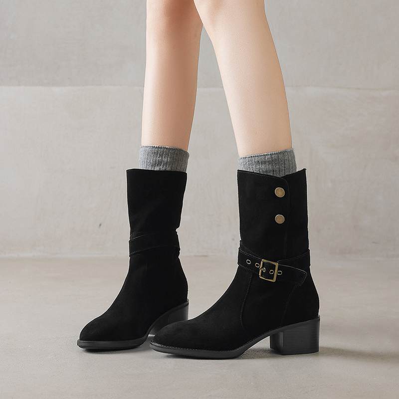 Krazing Pot Cow Suede Nubuck Winter Round Toe Modern Boots Med Heels Slip on Metal Rivets Women Mid-calf Boots