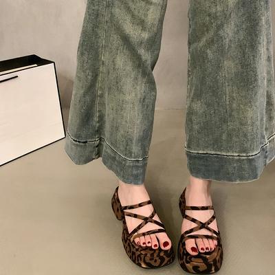 Sommer klobige Damen Hausschuhe Mode schmaler Riemen Plateau Flats Slides Damen Freizeit Leopardenmuster Kleiderschuhe