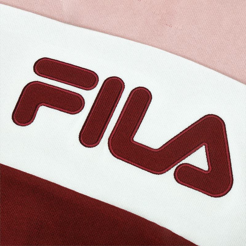 FILA Fashion Polo Neck Letter Color Block Retro College Sweatshirt Women sweatshirt Light-Pink Wine-Red F11W519204FWI