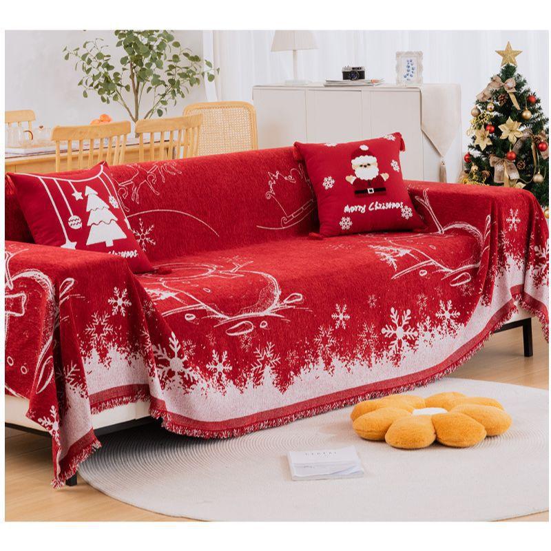 Christmas Sofa Cover Throw Blanket Red Snowflake Santa Chenille Sofa Towel Universal Furniture Protector with Tassels Xmas Home Decor for Living Room
