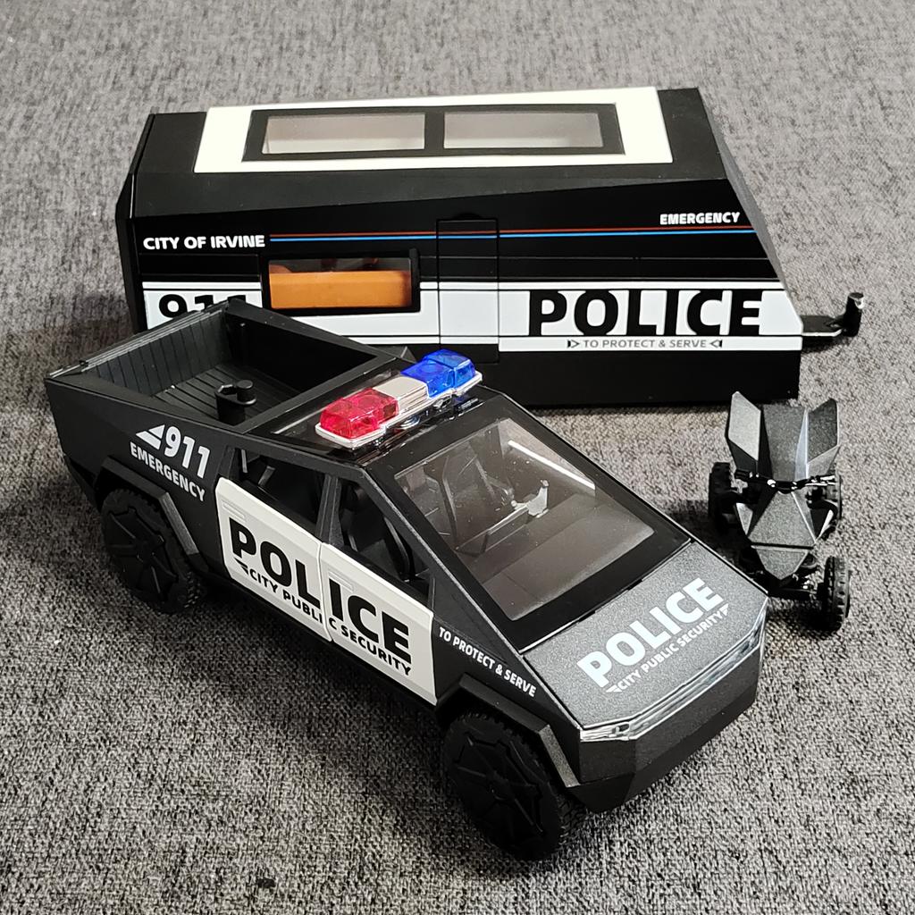 1/32 Tesla Police Cybertruck Trailer Off Road Pickup Truck Diecast Model Car Alloy Children's Toy RV Sound & Light Music Birthday Gift