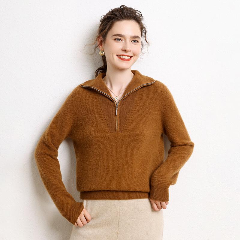 2024 Autumn/Winter Women's Cashmere Polo Collar Sweater with Yuanbao Stitch and Zipper - Long Sleeve, Warm, Versatile Knit.