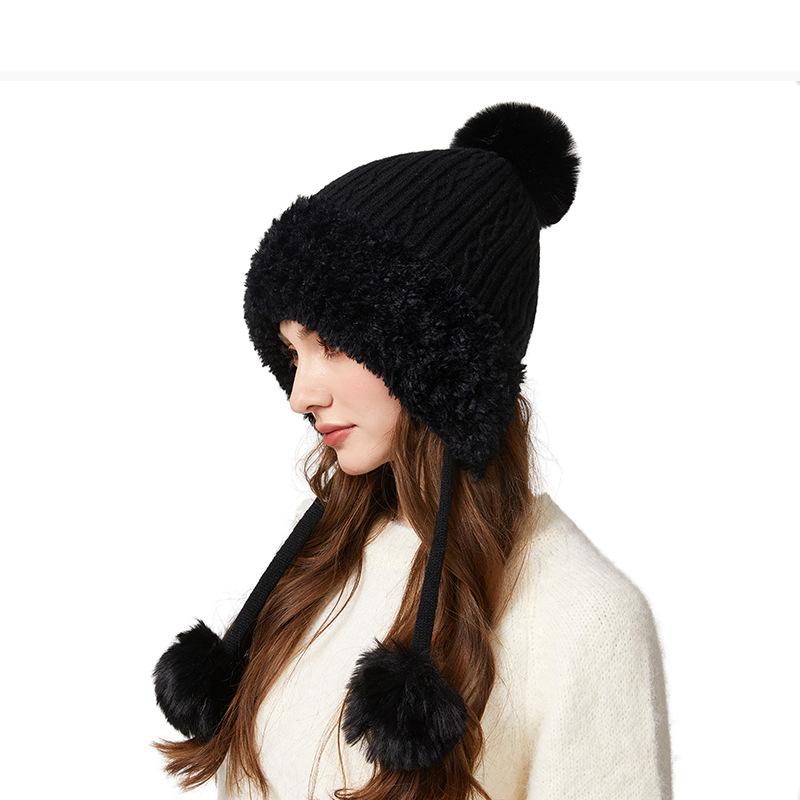 Winter Thick Ear Protection Knitted Cap Outdoor Windproof Velvet Three-Hair Ball Tether Warm Cap