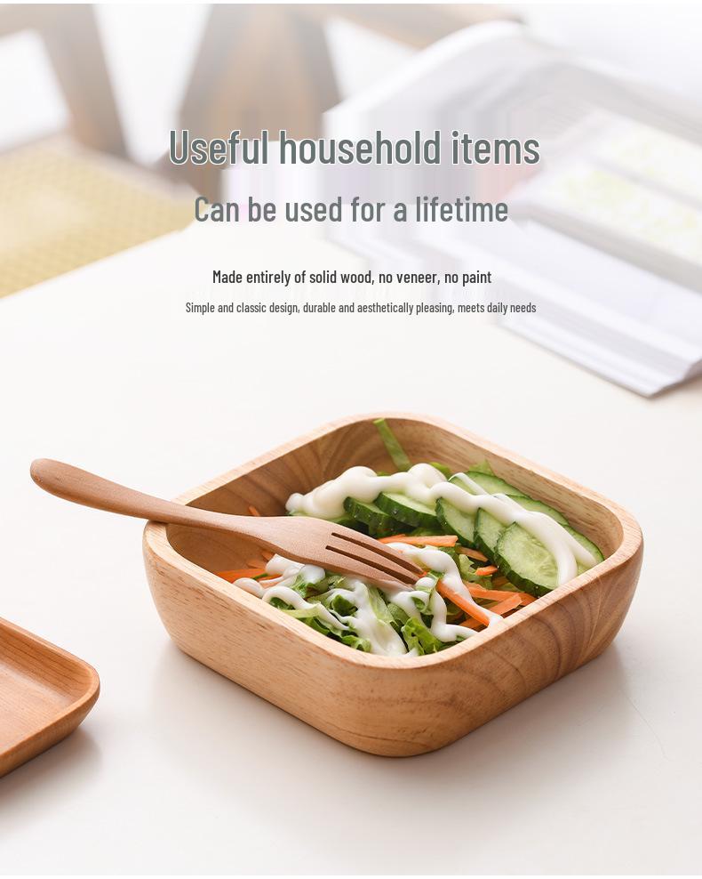 Japanese Style Solid Wood Square Salad Bowl - Simple Wooden Tableware Dish