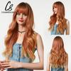 CharmSource Lange natürliche gewellte Perücke mit ordentlichem Pony/Fransen für Frauen, rosa Haar, synthetische Perücken, Cosplay, Party, hitzebeständige Faser