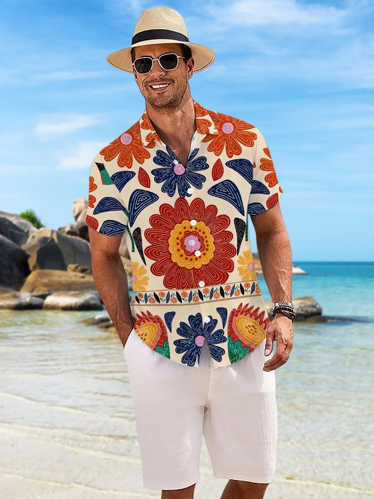 New Men'S Casual Short Sleeve Shirt with Full-Print Colorful Floral Patterns, Intricate And Vibrant Design for Festive Gatherings, Commuting, And