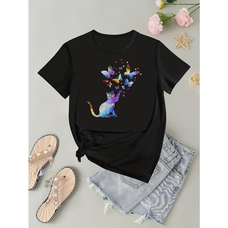 European Size Women's Casual Short Sleeve T-Shirt - Rainbow Butterfly & Cat Geometric Print, Relaxed Fit, Breathable Summer Fabric