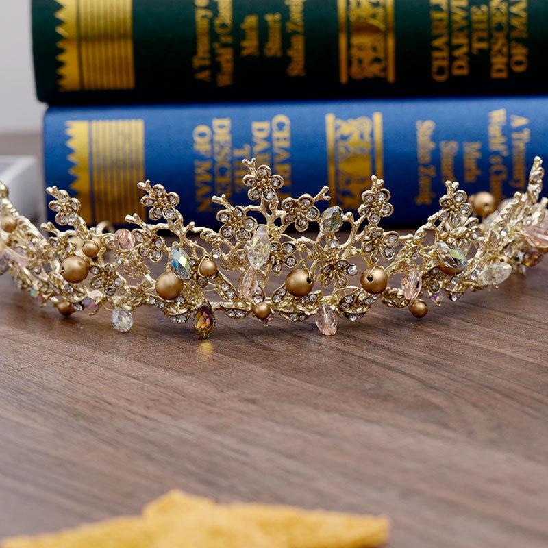 Magnificent Gold Color Crystal Beads Bridal Tiaras Crown Flowers Bride Headband Baroque Pageant Diadem Wedding Hair Accessories
